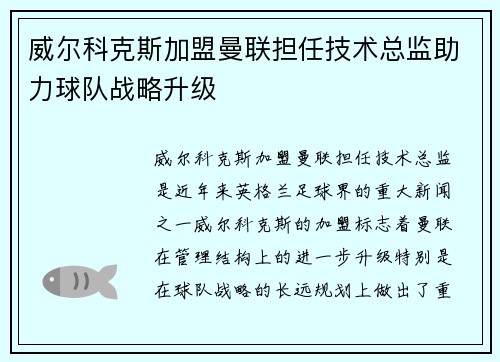 威尔科克斯加盟曼联担任技术总监助力球队战略升级